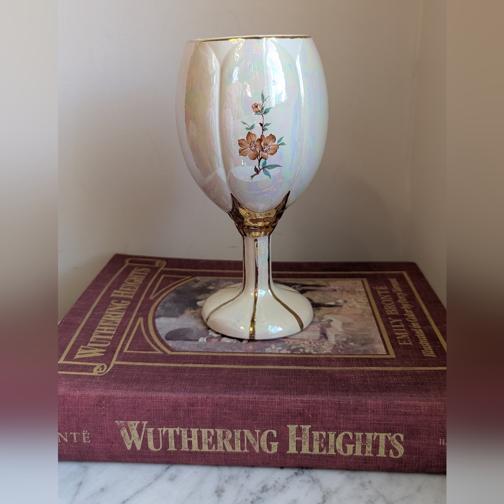 Vintage Elegant Iridescent Floral Goblet with Gold Accents
